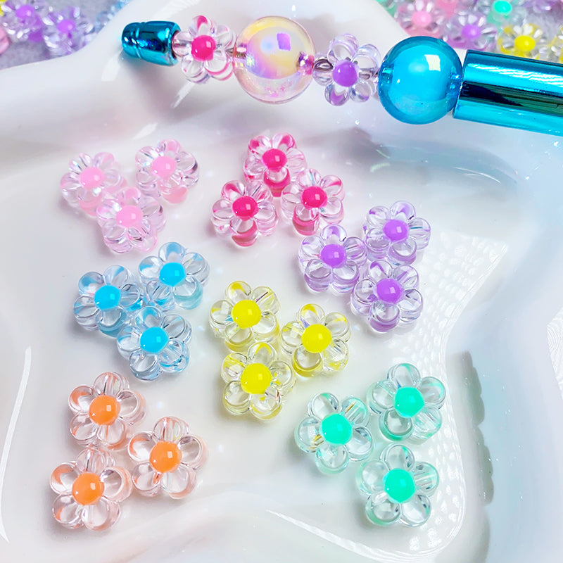 【B46】透明小花ビーズ/12mm/7色選べる/両穴貫通/ポールペン用/手作り/手芸用品