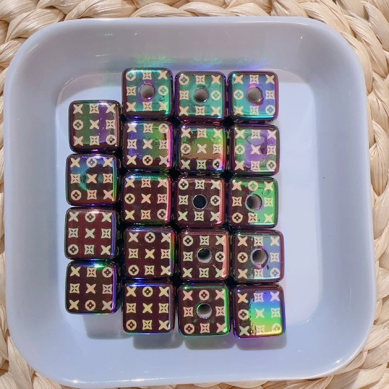 【B78】电镀黑金炫彩方形珠16mm/ヒョ柄四角/スクエアビーズ/縦穴貫通/ポールペン用/手作り/手芸用品