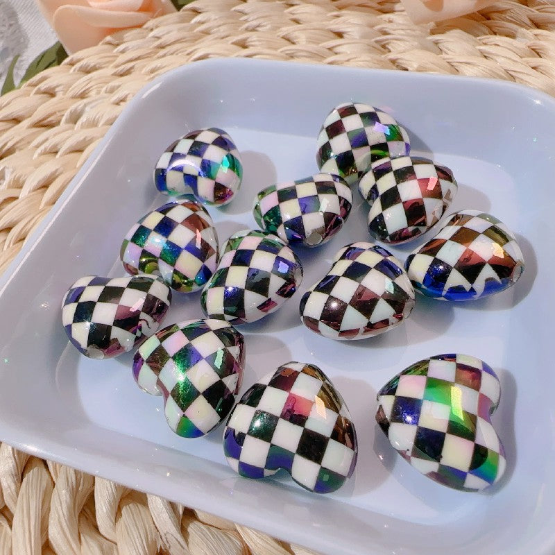 【B81】カラフル格子ハートビーズ/丸玉16mm/クラックビーズ/両穴貫通/ポールペン用/手作り/手芸用品/DIYパーツ /爱心棋盘珠7色