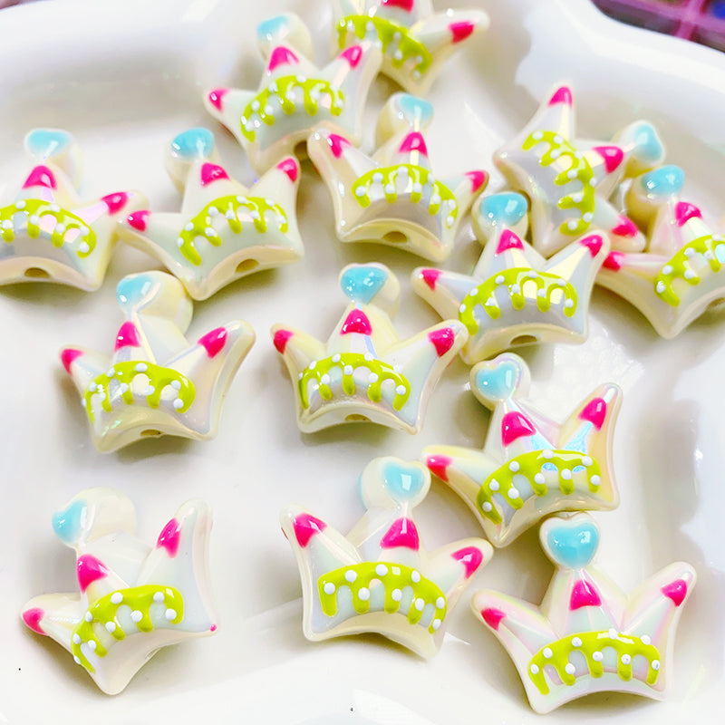 【BY26】夜光手描き王冠/ビーズ/UVキラメッキ/両穴貫通/ポールペン用/手作り/手芸用品