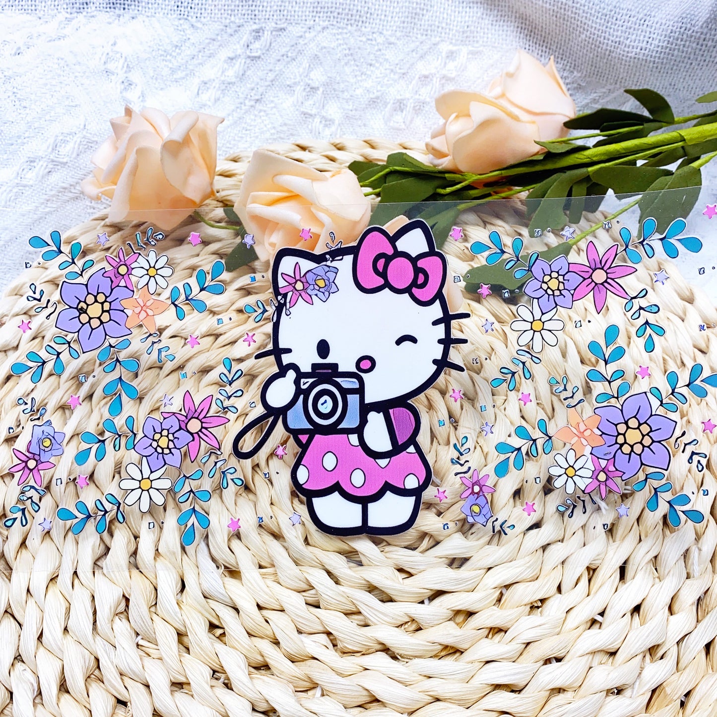 【SK09】お花Hello猫/DIY用シール/クリスタルカップステッカー/コレクション/Cup Sticker/花花Hello猫