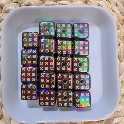 【B78】电镀黑金炫彩方形珠16mm/ヒョ柄四角/スクエアビーズ/縦穴貫通/ポールペン用/手作り/手芸用品