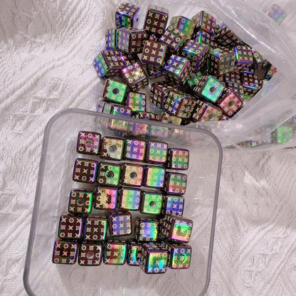 【B78】电镀黑金炫彩方形珠16mm/ヒョ柄四角/スクエアビーズ/縦穴貫通/ポールペン用/手作り/手芸用品