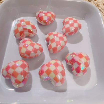 【B81】カラフル格子ハートビーズ/丸玉16ｍｍ/クラックビーズ/両穴貫通/ポールペン用/手作り/手芸用品/DIYパーツ /爱心棋盘珠7色