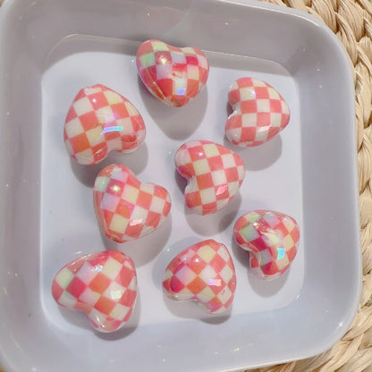 【B81】カラフル格子ハートビーズ/丸玉16ｍｍ/クラックビーズ/両穴貫通/ポールペン用/手作り/手芸用品/DIYパーツ /爱心棋盘珠7色