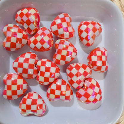 【B81】カラフル格子ハートビーズ/丸玉16ｍｍ/クラックビーズ/両穴貫通/ポールペン用/手作り/手芸用品/DIYパーツ /爱心棋盘珠7色