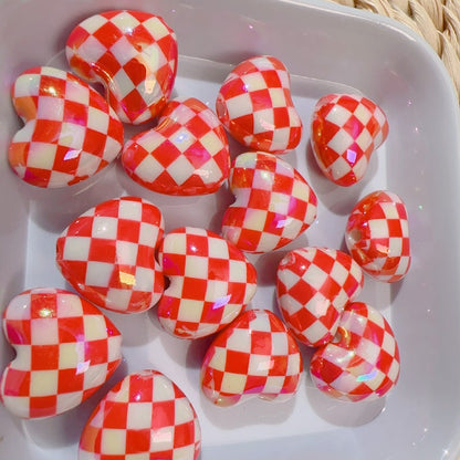 【B81】カラフル格子ハートビーズ/丸玉16ｍｍ/クラックビーズ/両穴貫通/ポールペン用/手作り/手芸用品/DIYパーツ /爱心棋盘珠7色