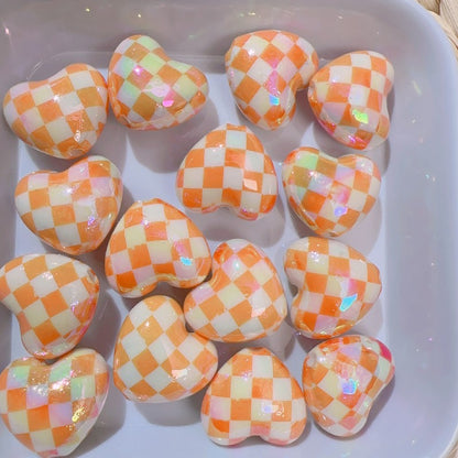 【B81】カラフル格子ハートビーズ/丸玉16ｍｍ/クラックビーズ/両穴貫通/ポールペン用/手作り/手芸用品/DIYパーツ /爱心棋盘珠7色