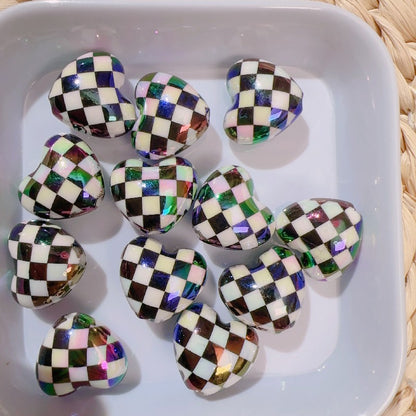 【B81】カラフル格子ハートビーズ/丸玉16ｍｍ/クラックビーズ/両穴貫通/ポールペン用/手作り/手芸用品/DIYパーツ /爱心棋盘珠7色