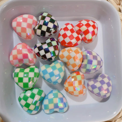 【B81】カラフル格子ハートビーズ/丸玉16ｍｍ/クラックビーズ/両穴貫通/ポールペン用/手作り/手芸用品/DIYパーツ /爱心棋盘珠7色