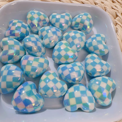 【B81】カラフル格子ハートビーズ/丸玉16ｍｍ/クラックビーズ/両穴貫通/ポールペン用/手作り/手芸用品/DIYパーツ /爱心棋盘珠7色