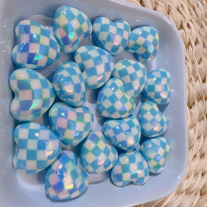 【B81】カラフル格子ハートビーズ/丸玉16ｍｍ/クラックビーズ/両穴貫通/ポールペン用/手作り/手芸用品/DIYパーツ /爱心棋盘珠7色