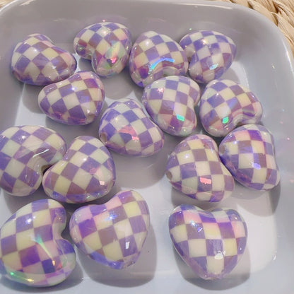 【B81】カラフル格子ハートビーズ/丸玉16ｍｍ/クラックビーズ/両穴貫通/ポールペン用/手作り/手芸用品/DIYパーツ /爱心棋盘珠7色