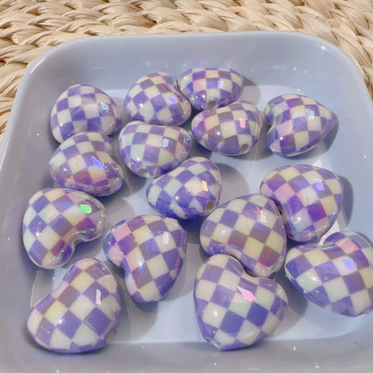 【B81】カラフル格子ハートビーズ/丸玉16ｍｍ/クラックビーズ/両穴貫通/ポールペン用/手作り/手芸用品/DIYパーツ /爱心棋盘珠7色